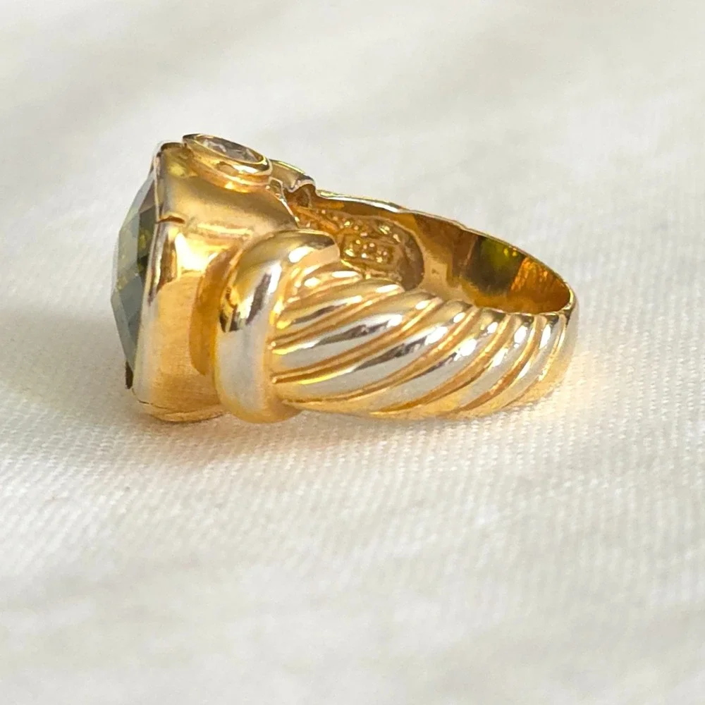 Vintage Sterling 925 Gold Tone Chunky Ring Green Faceted Glass Stone PAS Size 8